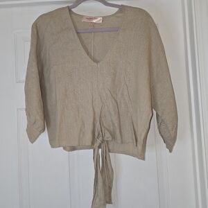 Scandal Italy Casual Tie-Front V-Neck Blouse - Beige